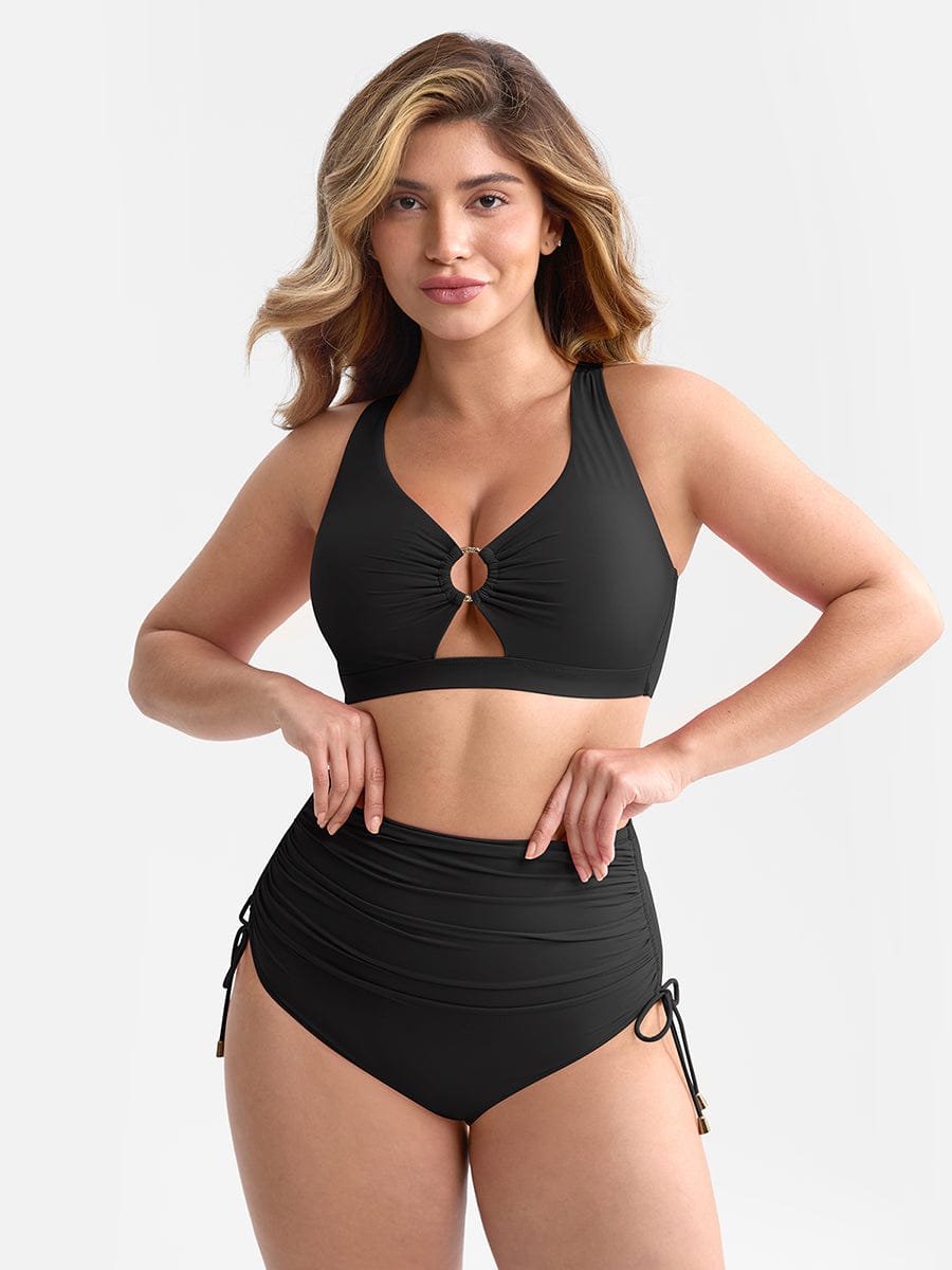 Wholesale Deep V Metal Ring Drawstring Tummy Control Swimsuit with Removable Pads