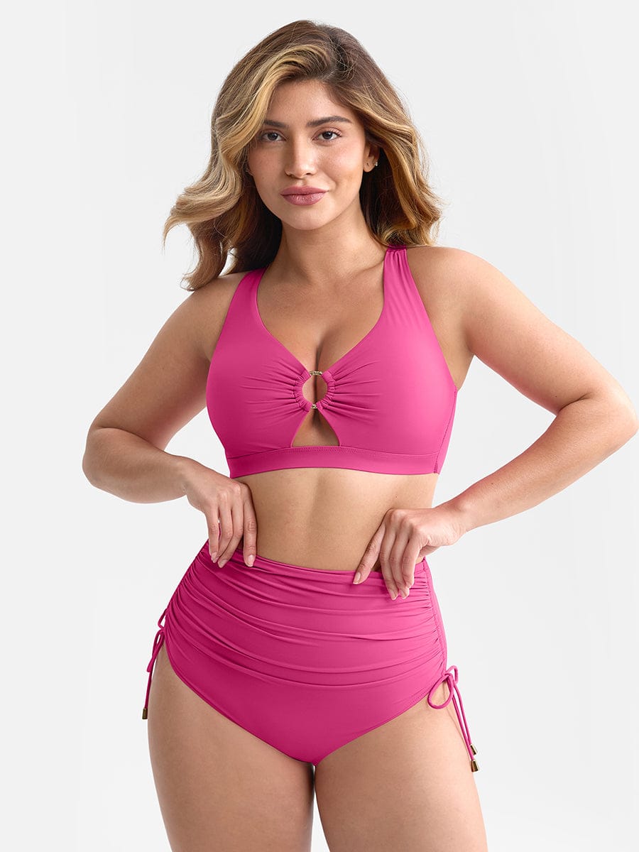 Wholesale Deep V Metal Ring Drawstring Tummy Control Swimsuit with Removable Pads