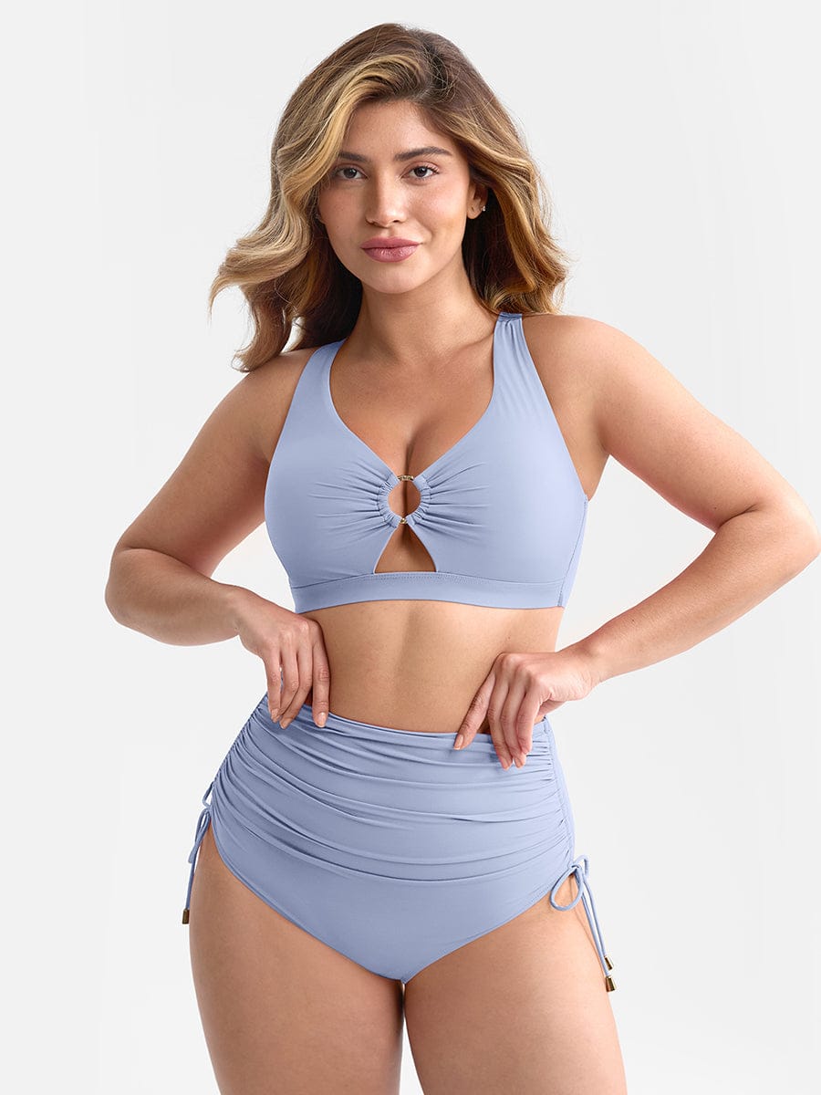Wholesale Deep V Metal Ring Drawstring Tummy Control Swimsuit with Removable Pads