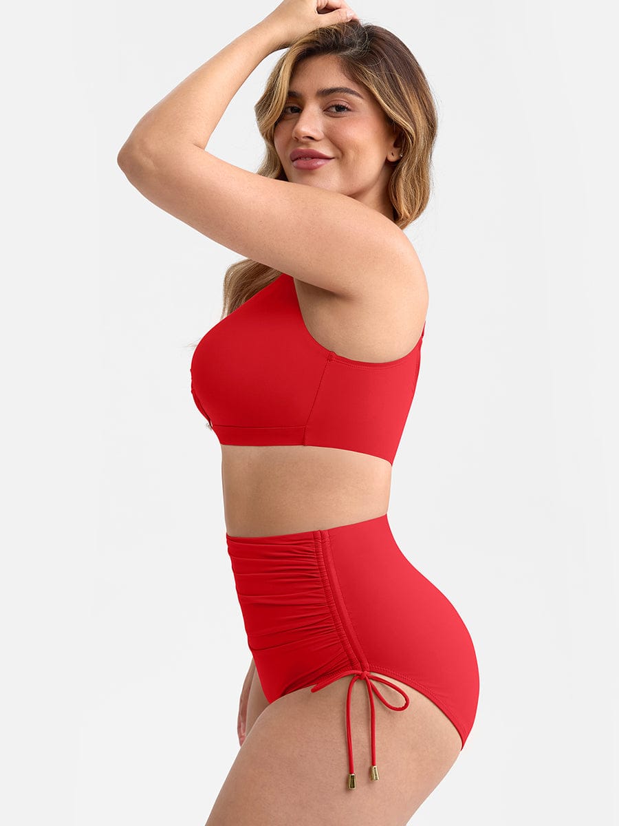 Wholesale Deep V Metal Ring Drawstring Tummy Control Swimsuit with Removable Pads