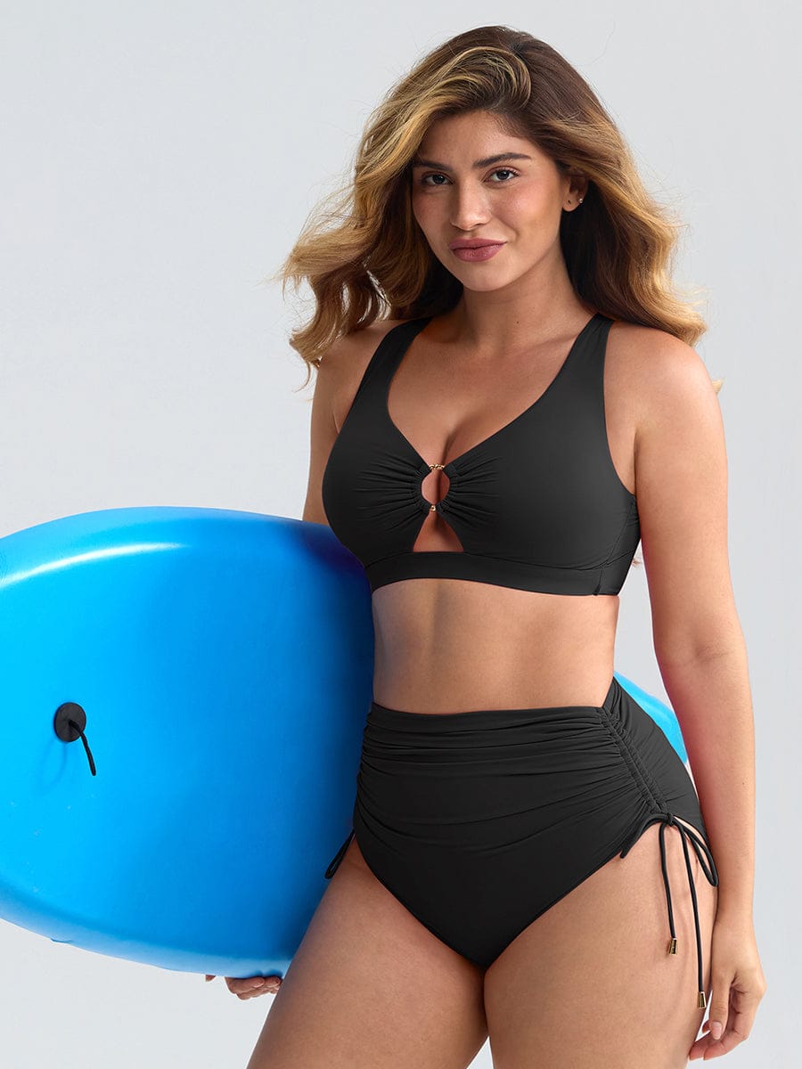 Wholesale Deep V Metal Ring Drawstring Tummy Control Swimsuit with Removable Pads