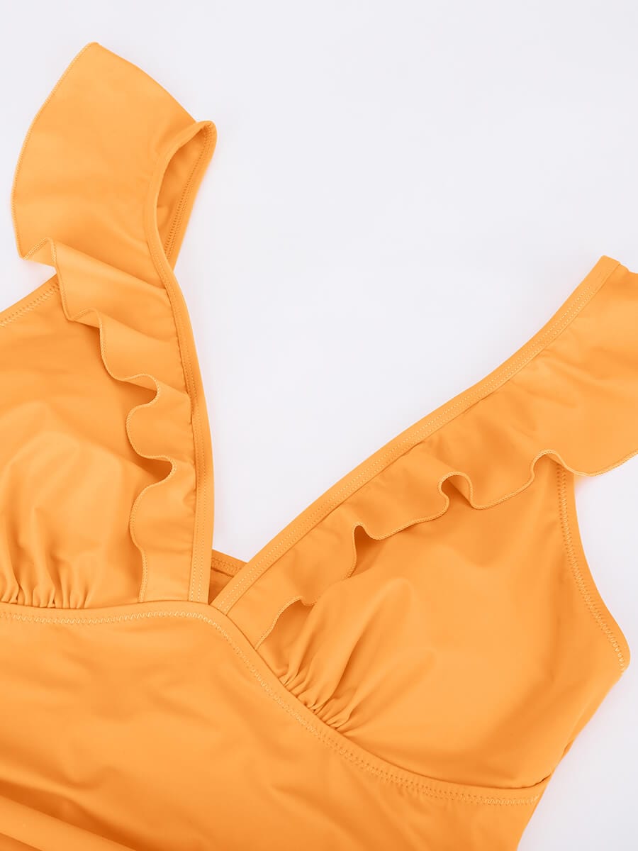 Wholesale Ruffled One Piece V Neck Lace Up Swimsuit