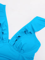 Wholesale Ruffled One Piece V Neck Lace Up Swimsuit